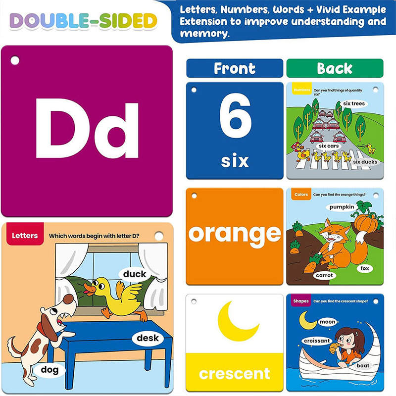 Alphabet Numbers Words Flash Cards with Visual Examples for Kids Learning